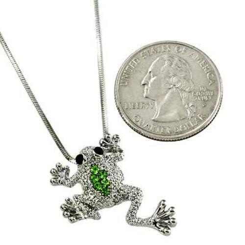 Little Frog Pendant Necklace Green Crystals Rhodium Plated Gift Boxed