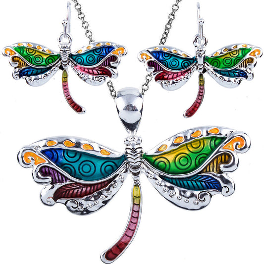 Colorful Dragonfly Pendant and Earrings Set with 24" Stainless Steel Chain