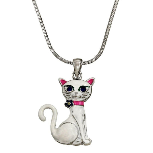 Adorable Enameled White Kitty Cat Pendant Necklace Gift Boxed Fast Shipping