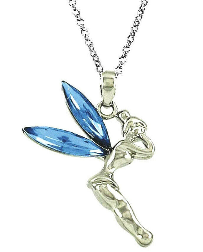 Tinkerbell Fairy Blue Crystal Pendant and Necklace 18" Stainless Steel Chain