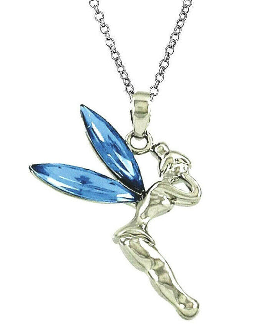 Tinkerbell Fairy Blue Crystal Pendant and Necklace 18" Stainless Steel Chain