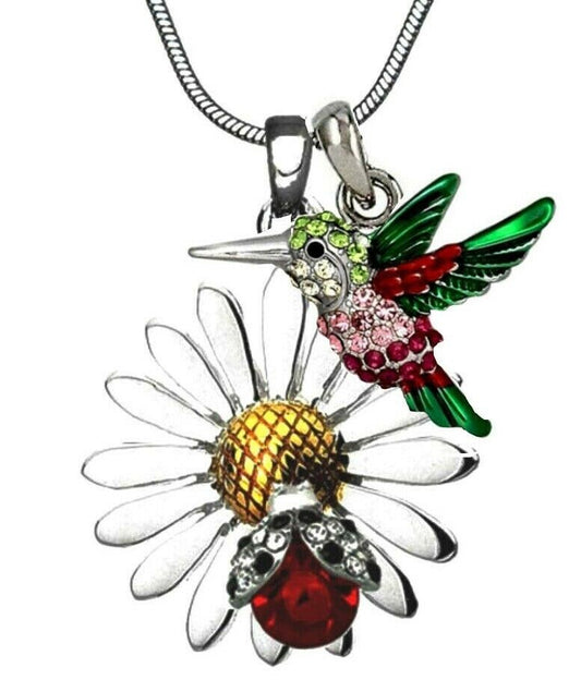 Beautiful Daisy Flower Ladybug and Hummingbird Pendant Necklace 19" Chain