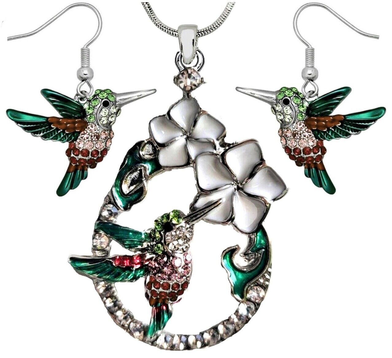 Gorgeous Hummingbird Pendant Necklace and Earrings Set 21" Chain Bird Theme