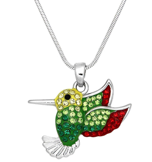 Colorful Crystal Hummingbird Charm Pendant Necklace 17" Chain Bird Theme