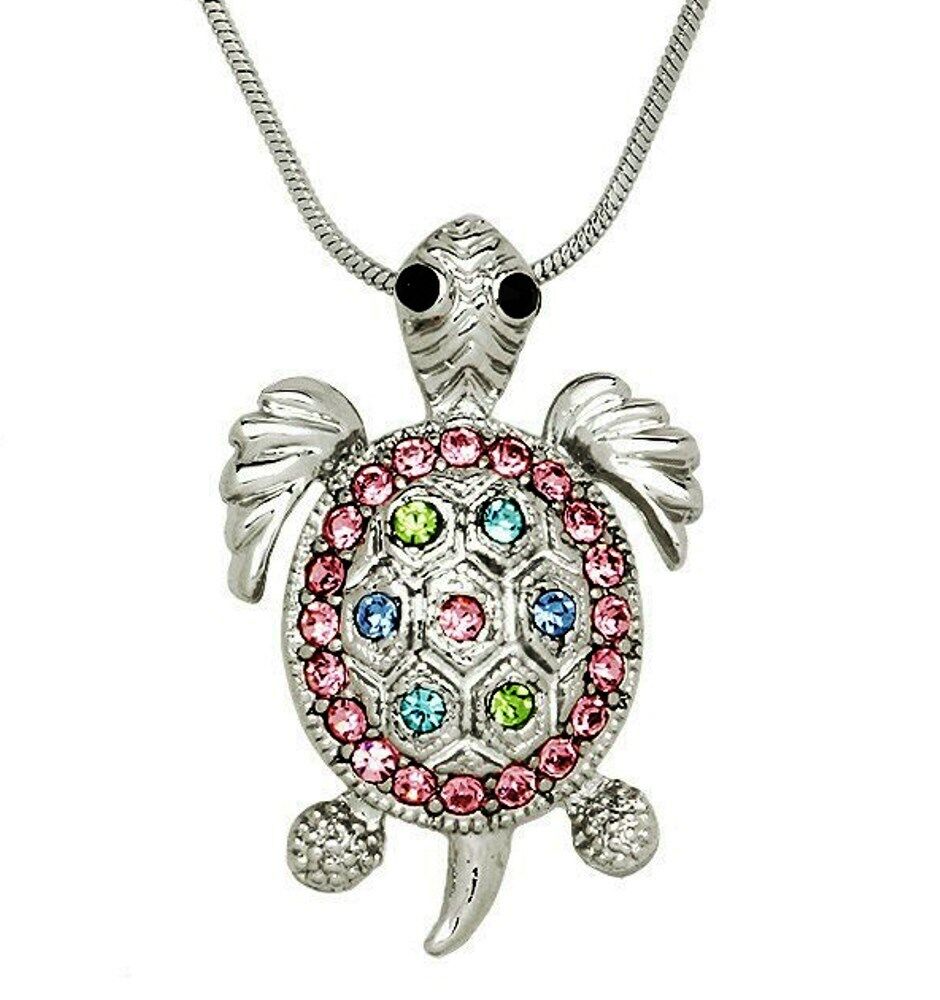Silvertone Multicolor Crystal Sea Turtle Pendant Necklace Fast Shipping