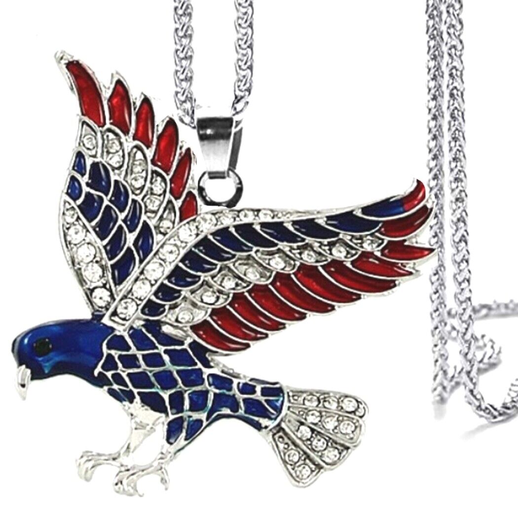 Silvertone Eagle Necklace and Earring Set American Flag Color 24" Steel Chain