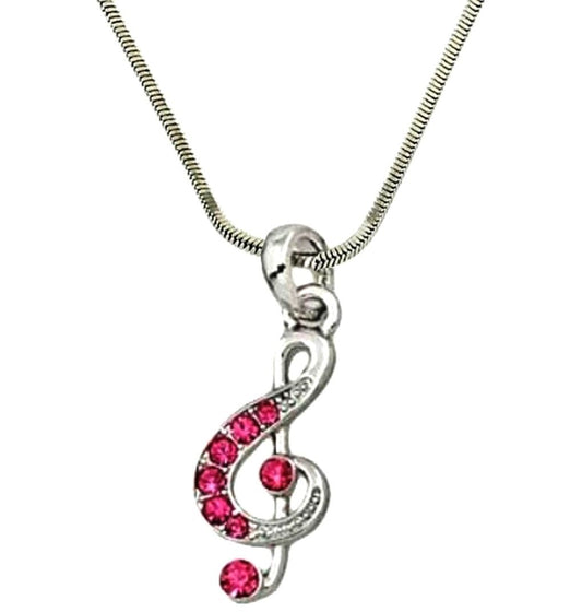 Silver Tone Pink  Crystal Treble G Clef Music Note  Necklace Fast Shipping
