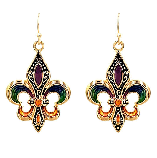 Mardi Gras Fleur De Lis Earrings Dangle Gold Tone with a Gift Box Fast Shipping