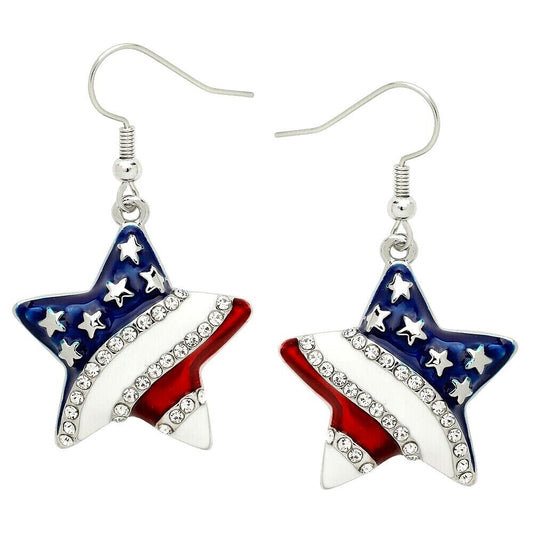 Patriotic Red White Blue USA Flag Star Earrings with a Gift Box