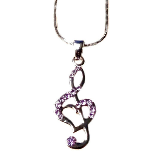 Silver Tone Purple Amethyst  Crystal Treble G Clef Music Note Heart  Necklace