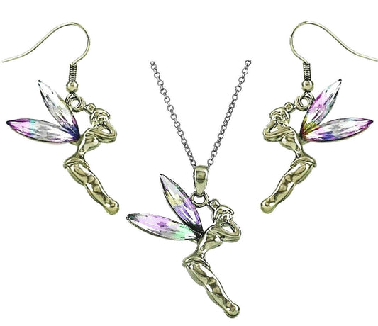 Tinkerbell Fairy Pendant Necklace & Earrings Set AB Crystal Wing Tinker Bell