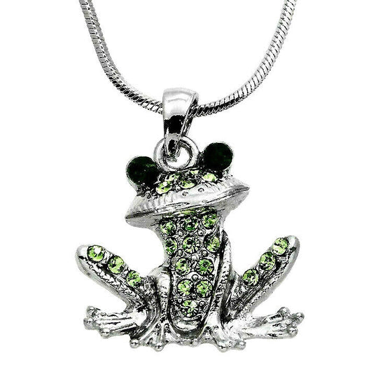 Crystal Green Frog Pendant Necklace 18" Chain Rhodium Plated Gift Boxed