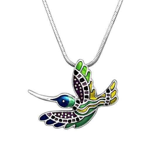 Silver Tone Multicolor Enameled Hummingbird Pendant Necklace 17" Chain Bird