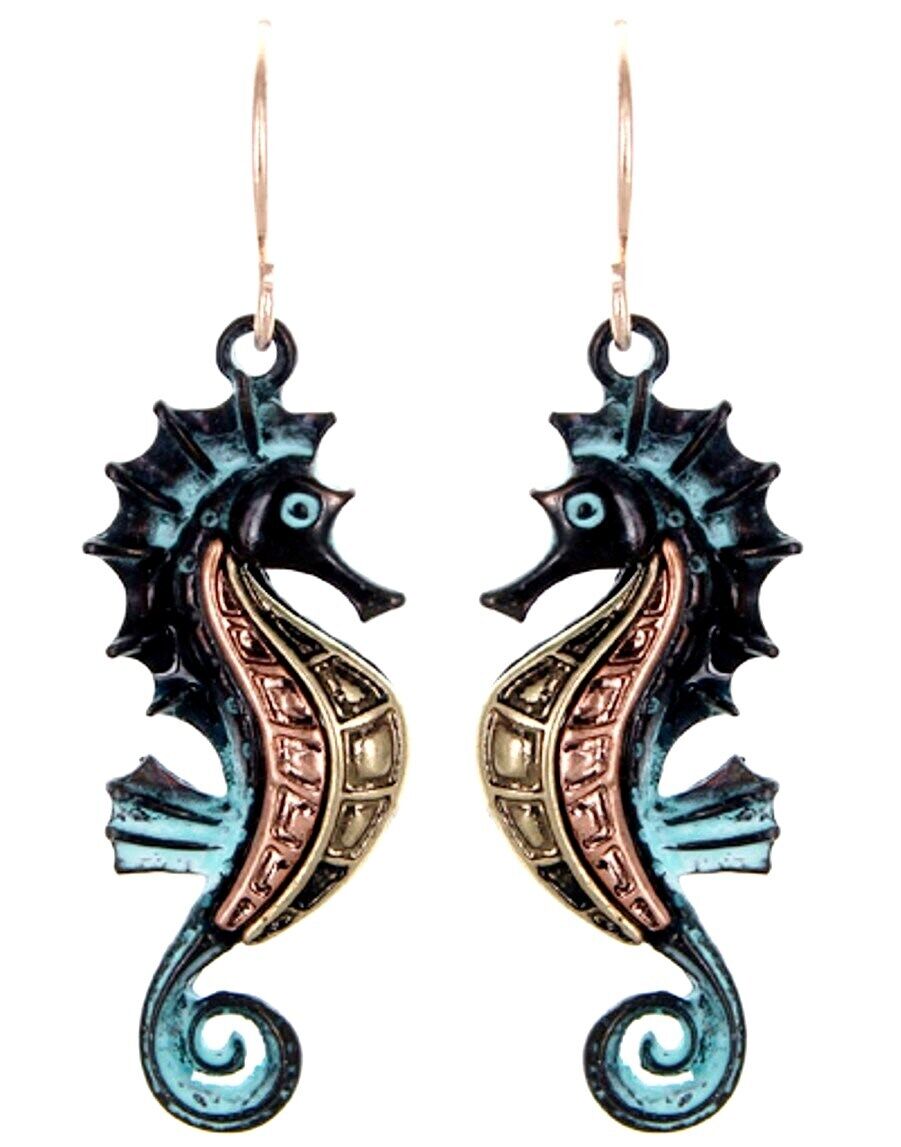 Fish Hook Seahorse Sea Horse Earrings Patina Finish Gift Box Included
