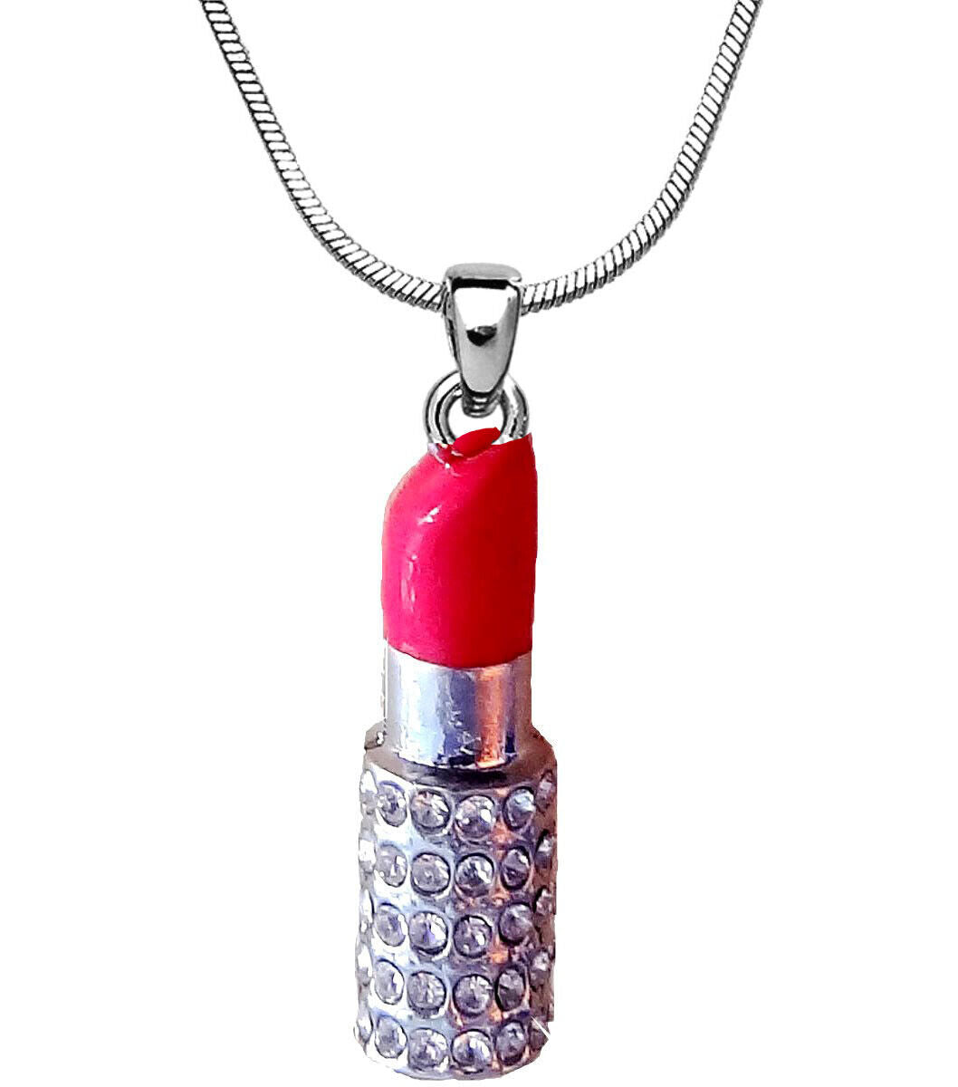 Silvertone Crystal Hot Pink Lipstick Pendant Necklace 17" Chain Fast Shipping