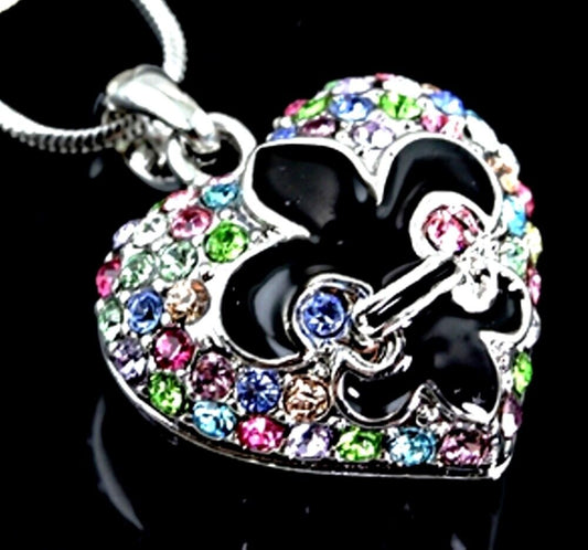 Gorgeous Fleur de Lis 3D Multicolor Heart Pendant and Necklace Rhodium Plated