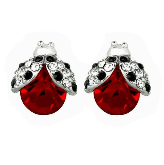 Beautiful Silvertone Crystal Ladybug Earrings Stud Gift Boxed Fast Shipping
