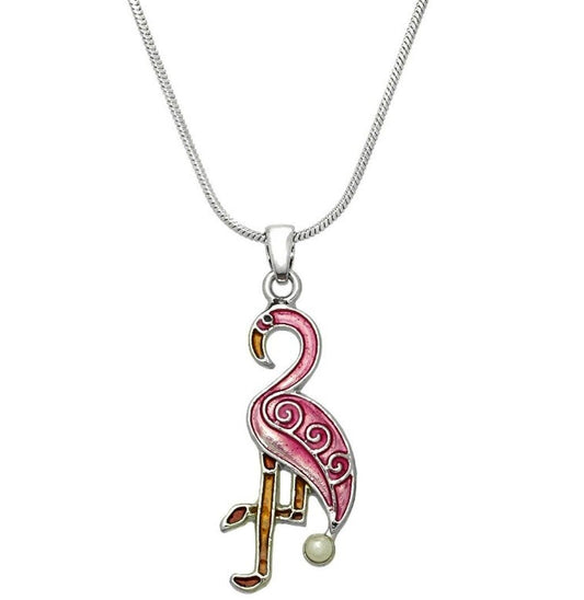 Silver Tone Pink Flamingo Pendant Necklace 17" Chain Gift Boxed Fast Shipping