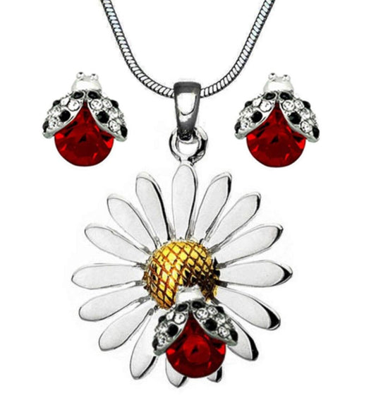 Silvertone Daisy Flower Ladybug Pendant Necklace Earrings Stud Set 17" Chain