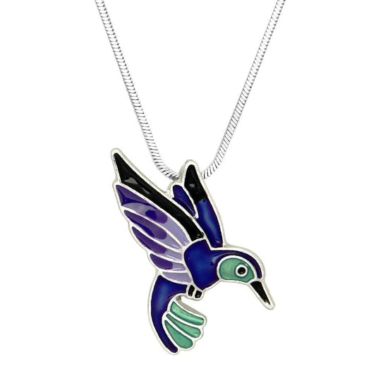 Silver Tone Purple & Blue Bird Hummingbird Pendant Necklace 17" Chain